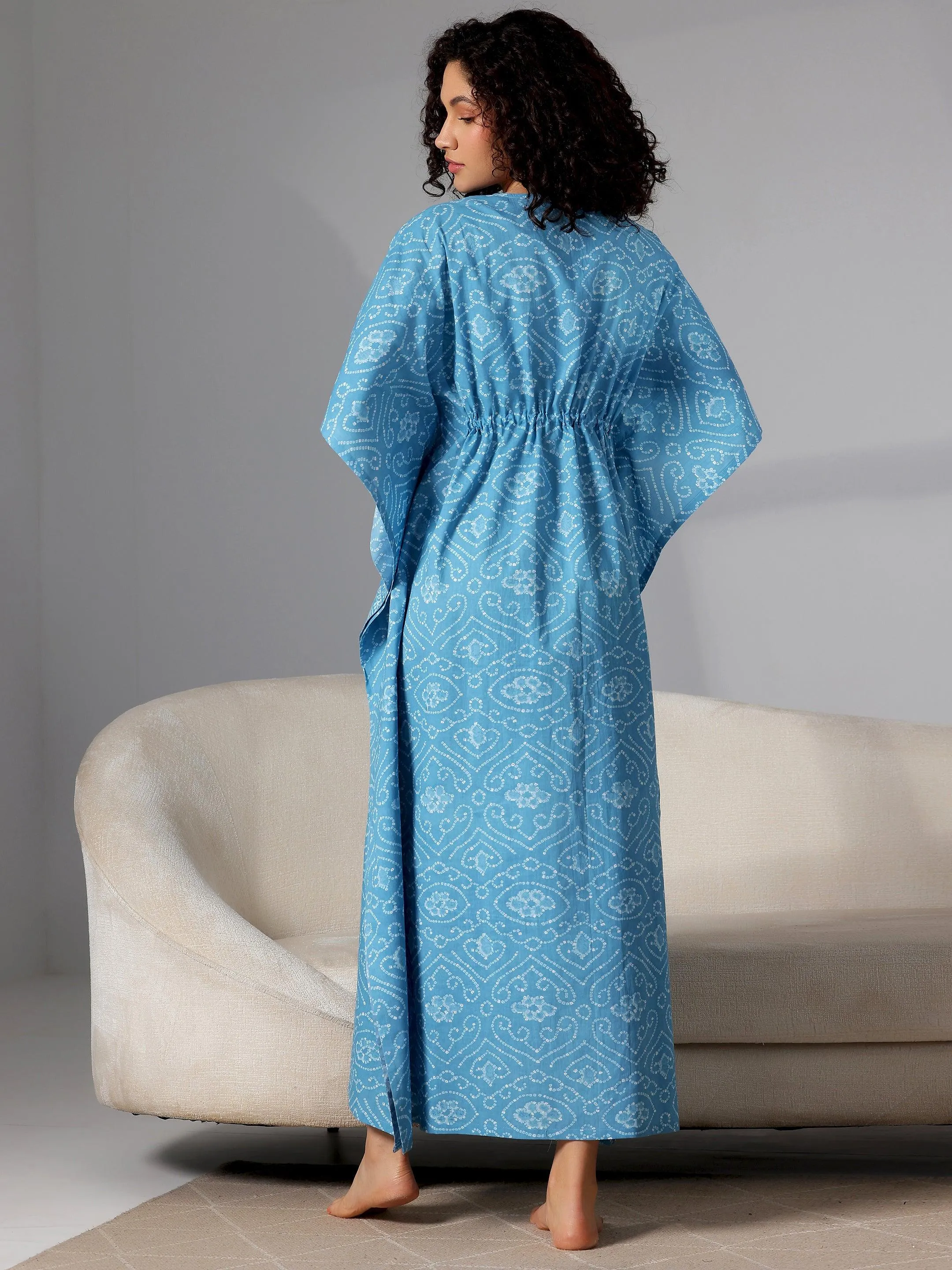 Blue Printed Cotton Kaftan Night Dress