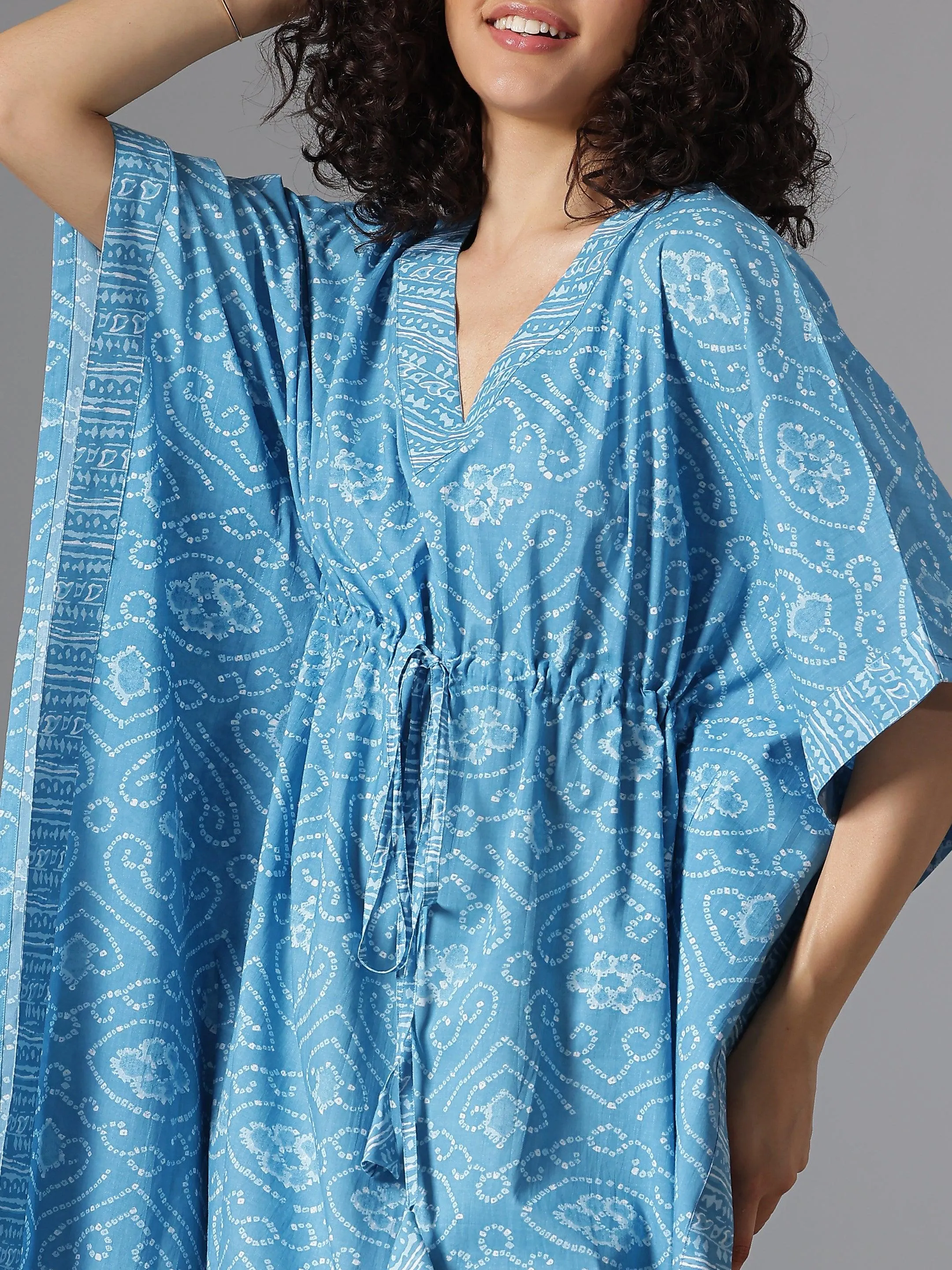 Blue Printed Cotton Kaftan Night Dress