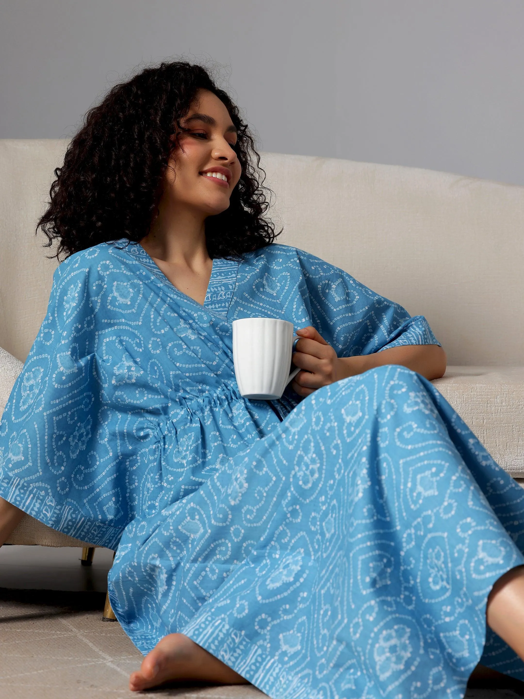 Blue Printed Cotton Kaftan Night Dress