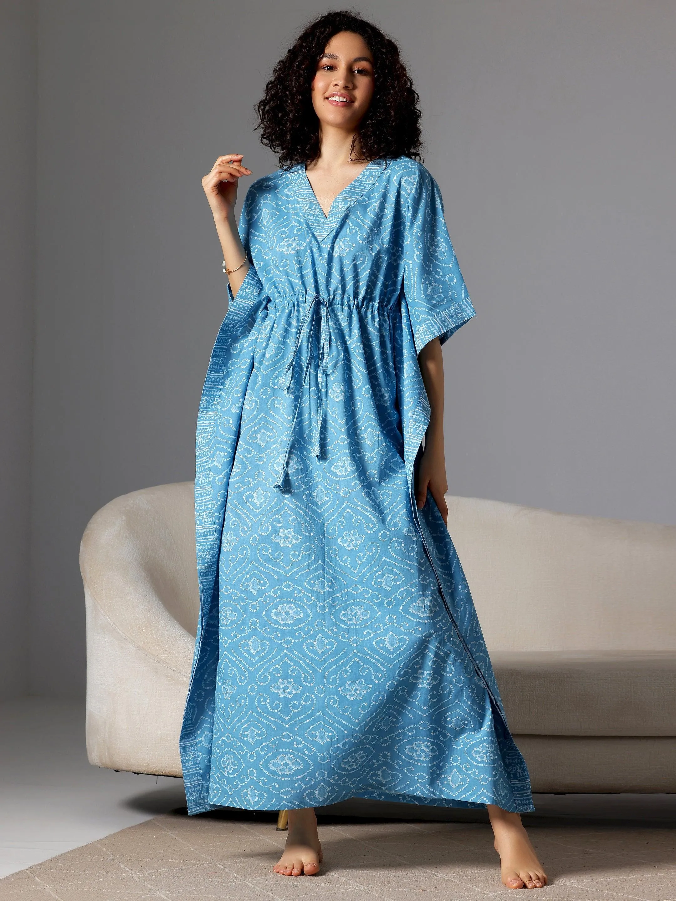 Blue Printed Cotton Kaftan Night Dress