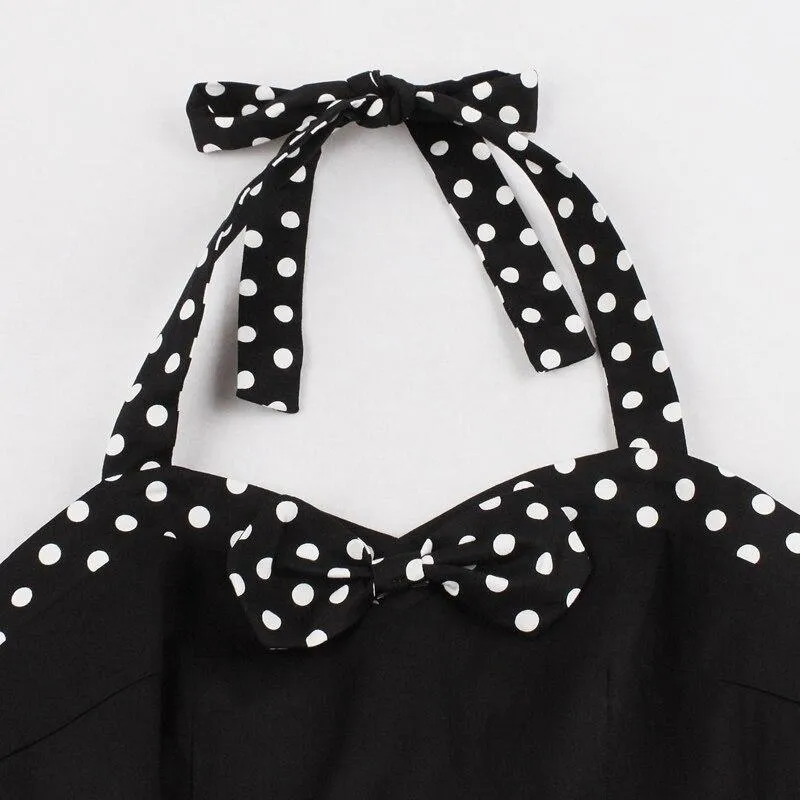 Bow Front Polka Dot Pin Up Vintage 50s Party Elegant Halter Backless High Waist Pockets Dress