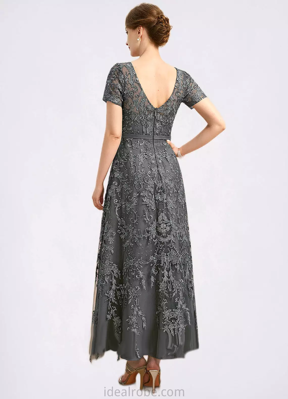 Braelyn A-line Scoop Illusion Ankle-Length Chiffon Lace Mother of the Bride Dress With Sequins STKP0021753