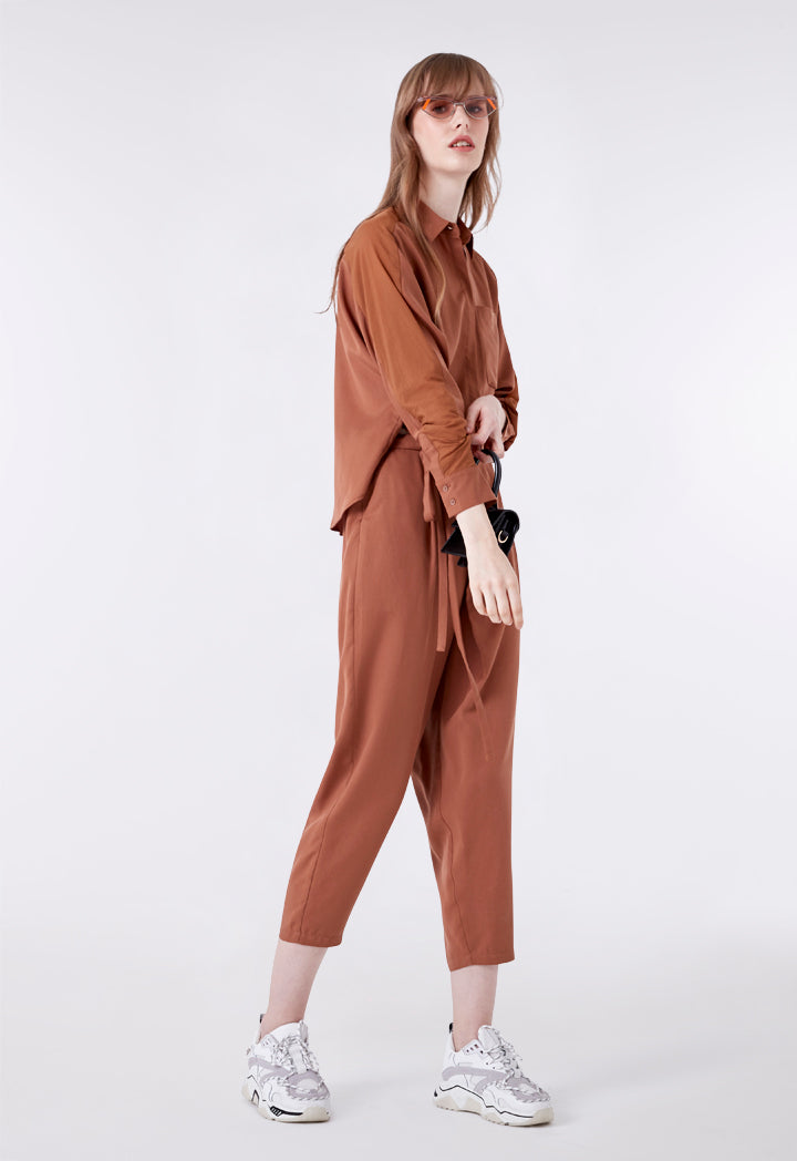 Brown Tie Front Overlap Jumpsuit