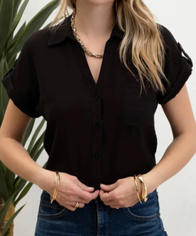 Button Down Top with Short Sleeves - Black