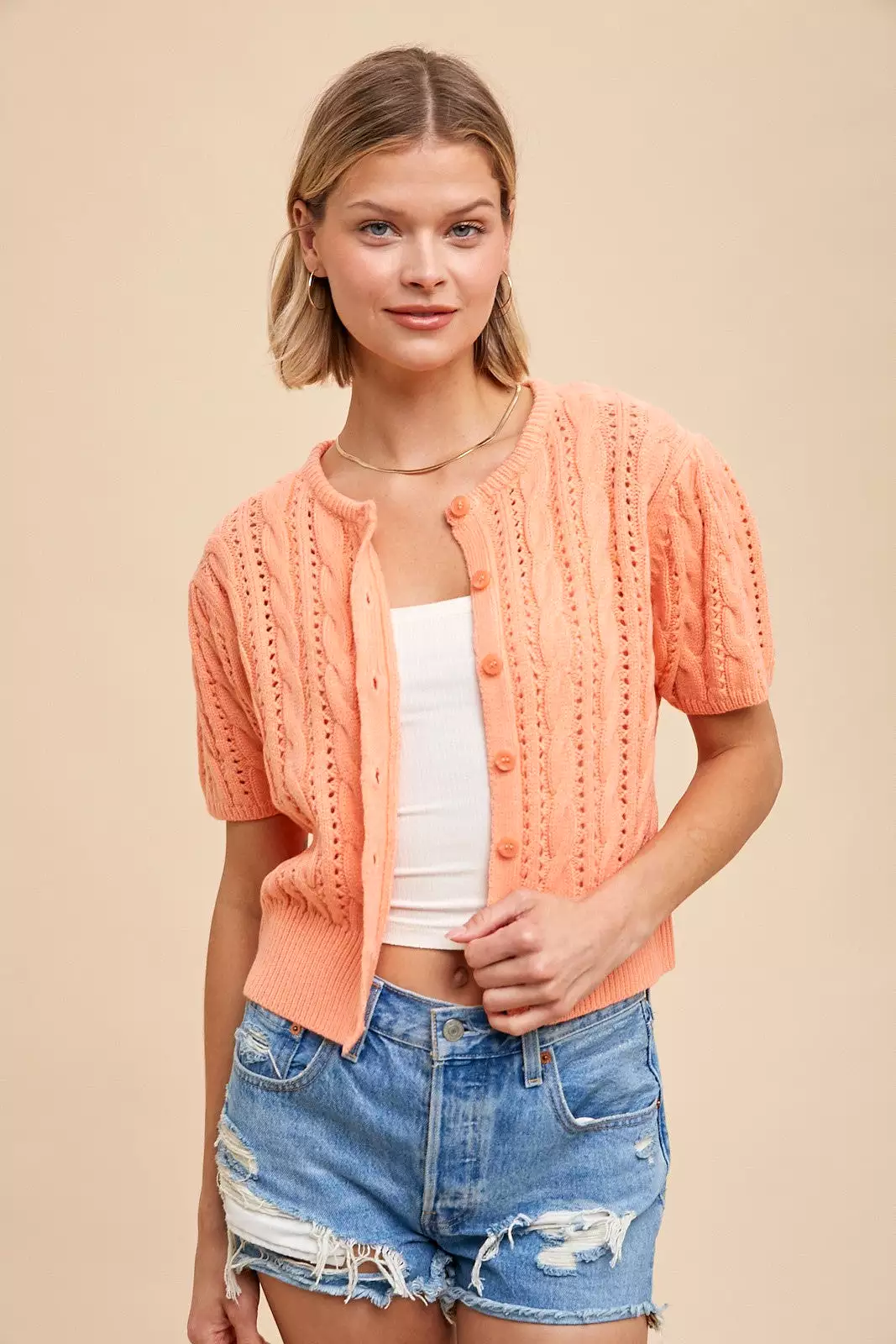 Cable Puff Sleeve Cardigan in Apricot