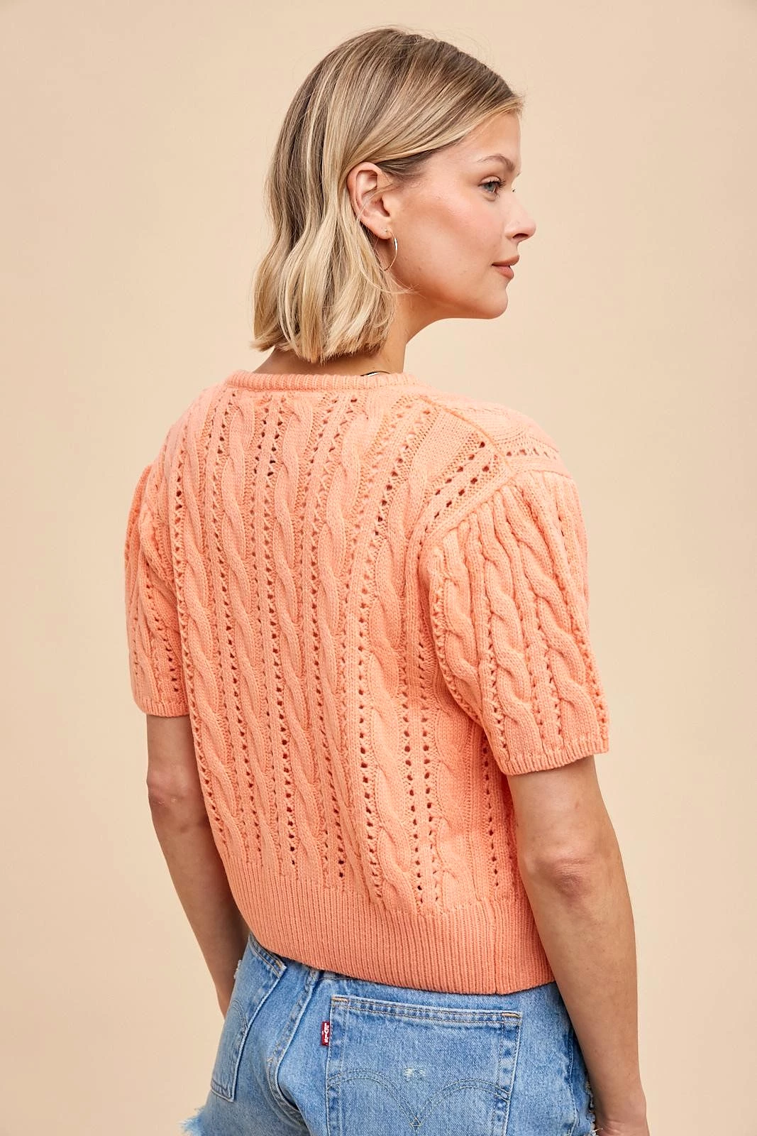 Cable Puff Sleeve Cardigan in Apricot