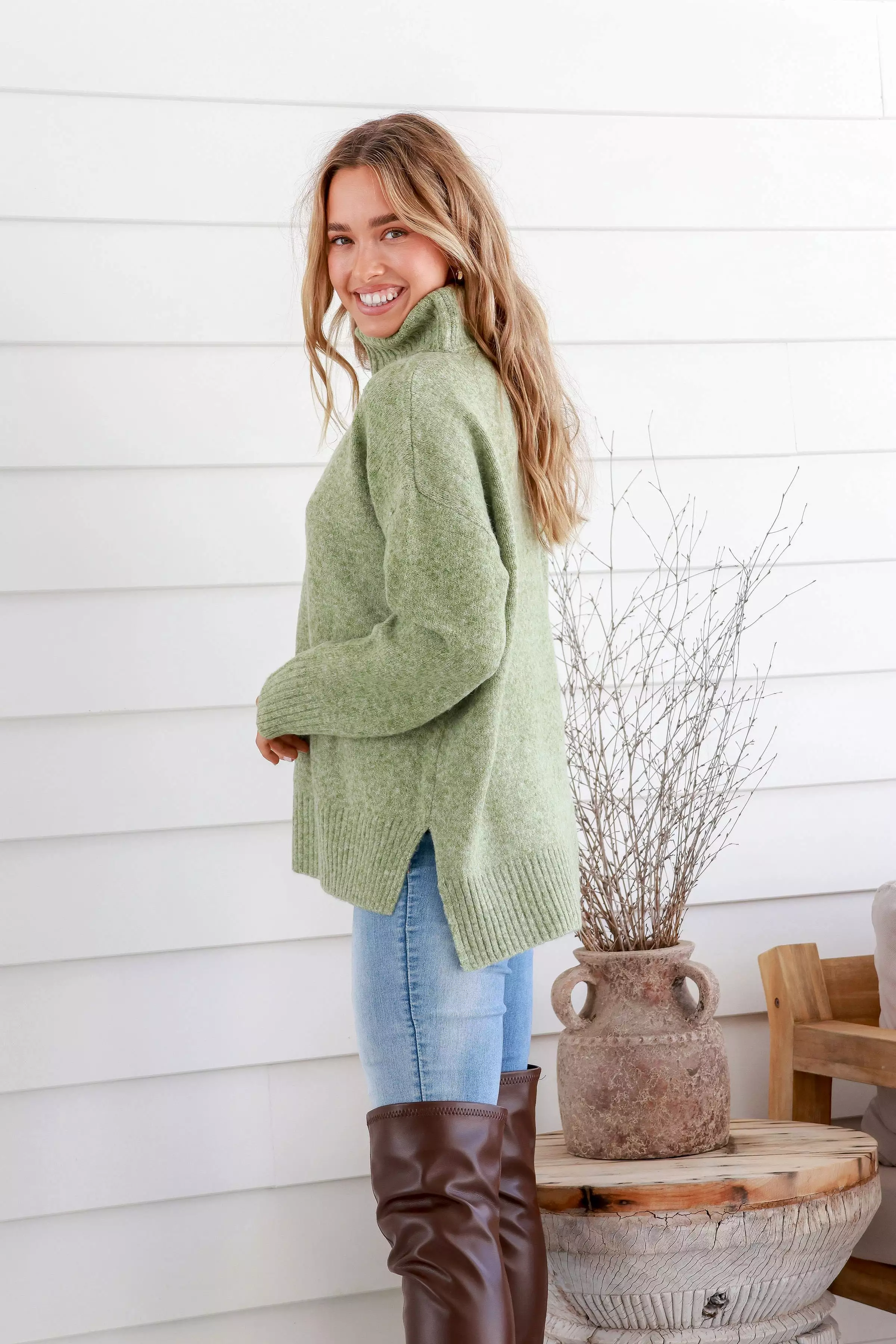 Canyon Roll Neck Knit Jumper Marled Avocado