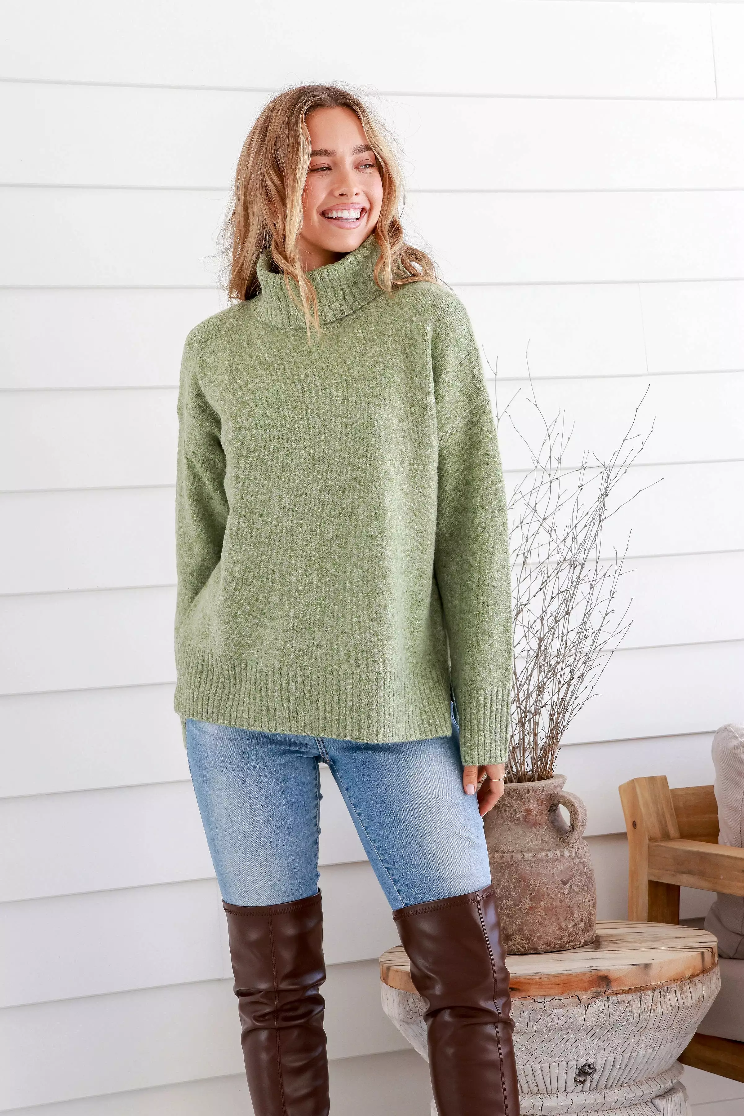 Canyon Roll Neck Knit Jumper Marled Avocado