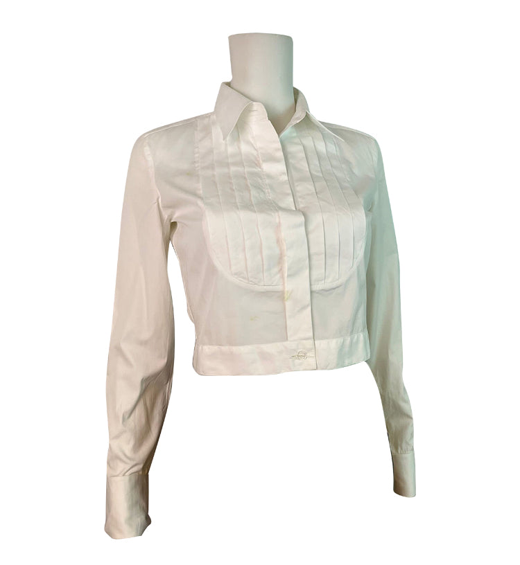 Chanel Vintage White Cotton Pleated Button Down Shirt Top Blouse Size 2