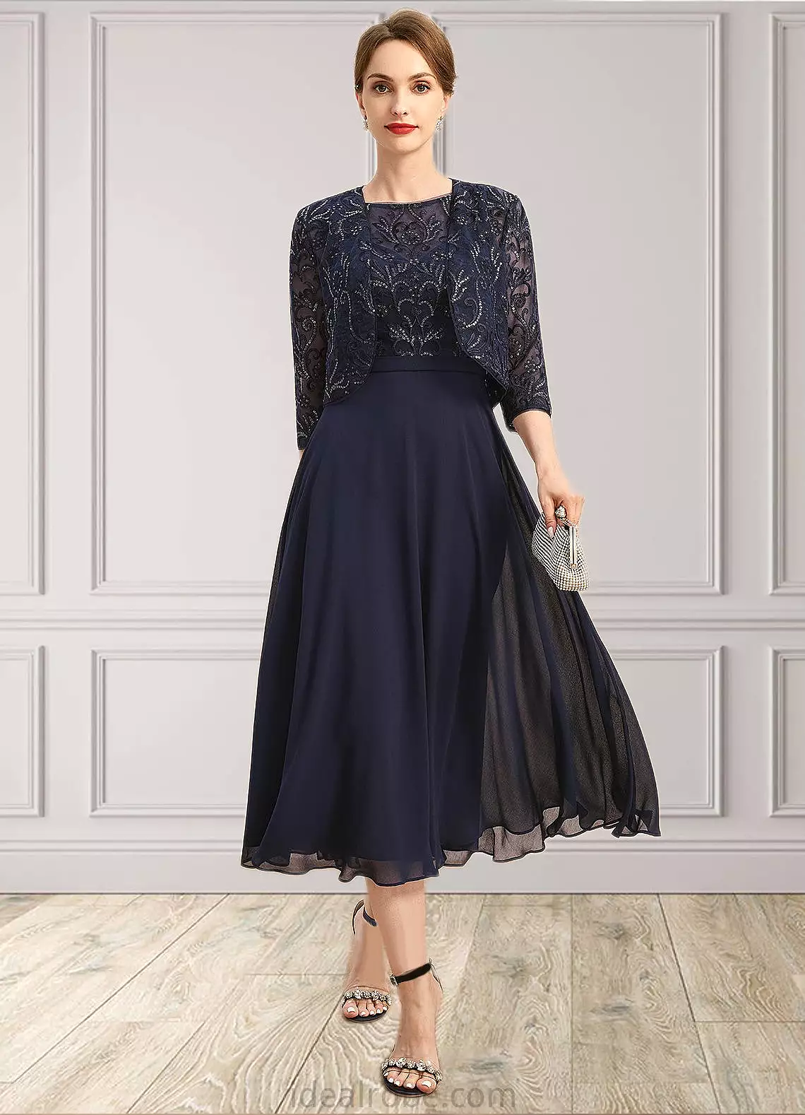 Charlee A-line Boat Neck Illusion Tea-Length Chiffon Lace Mother of the Bride Dress With Sequins STKP0021658