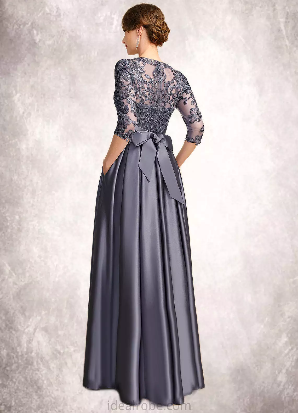 Charlie A-line Scoop Illusion Floor-Length Lace Satin Mother of the Bride Dress With Bow Sequins STKP0021633