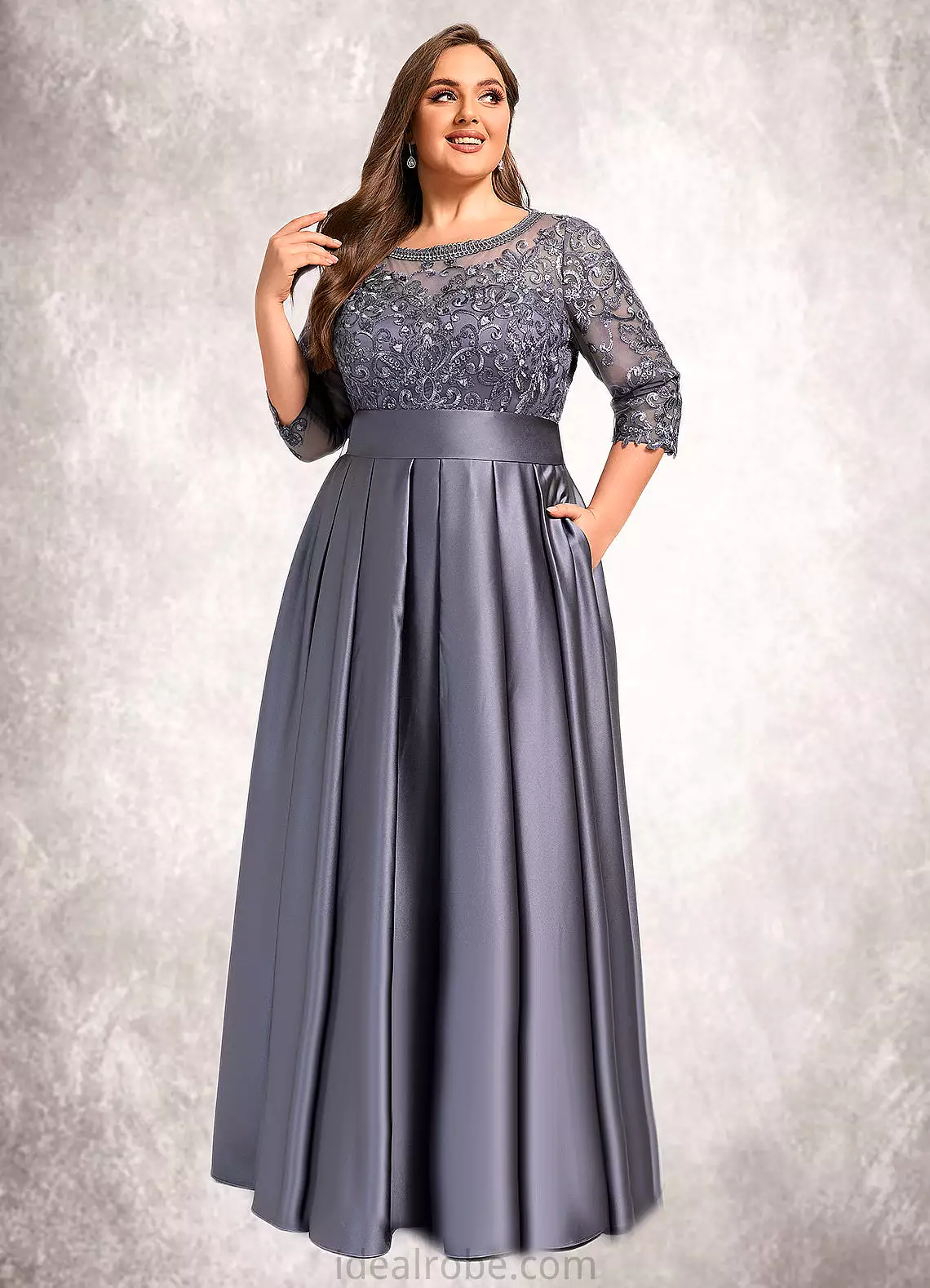 Charlie A-line Scoop Illusion Floor-Length Lace Satin Mother of the Bride Dress With Bow Sequins STKP0021633