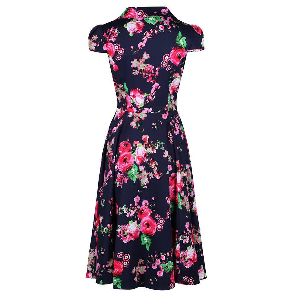 Classic Navy Blue and Floral Print Pin Up 50s Swing Tea Dress