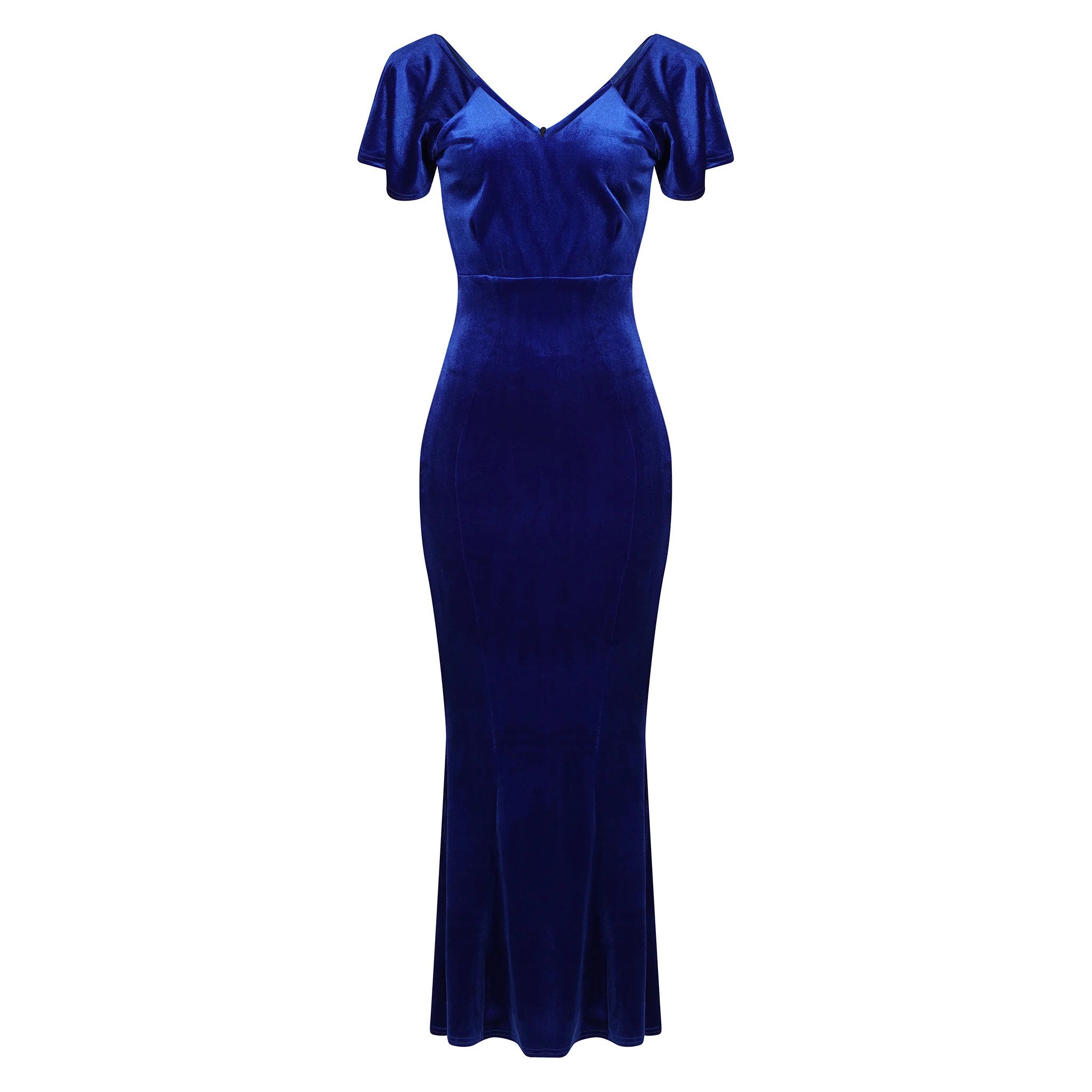 Cobalt Blue V Neck Velour Maxi Dress w/ Fishtail Hem & Waterfall Sleeves