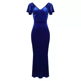 Cobalt Blue V Neck Velour Maxi Dress w/ Fishtail Hem & Waterfall Sleeves