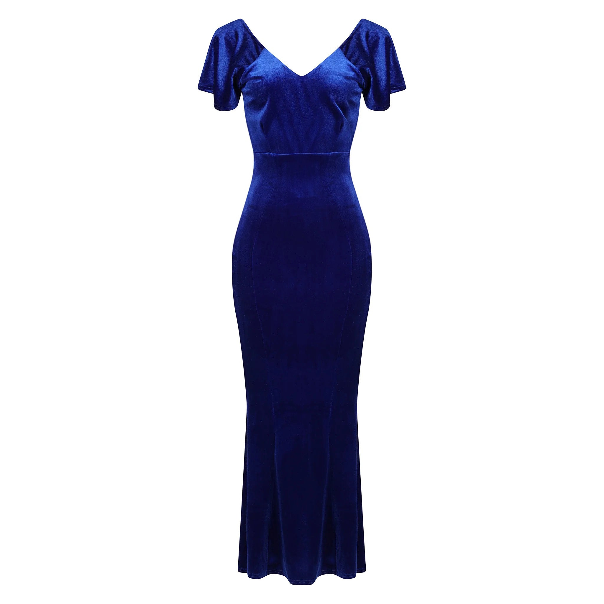 Cobalt Blue V Neck Velour Maxi Dress w/ Fishtail Hem & Waterfall Sleeves