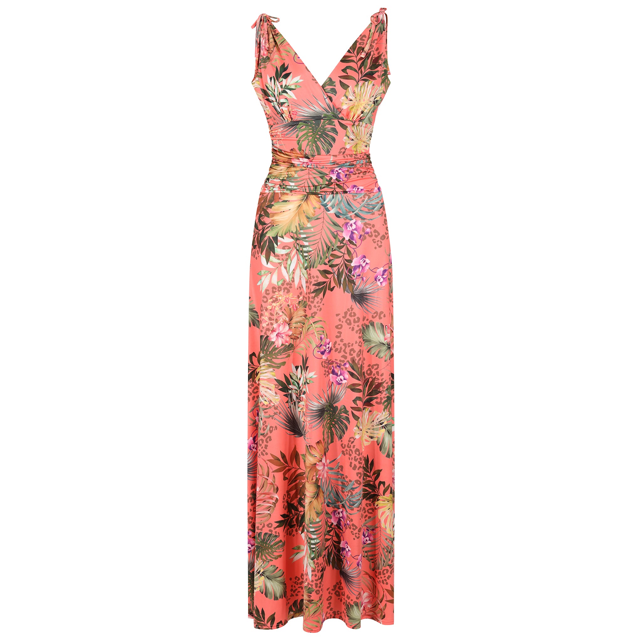 Coral Floral Print Slinky Summer Maxi Dress