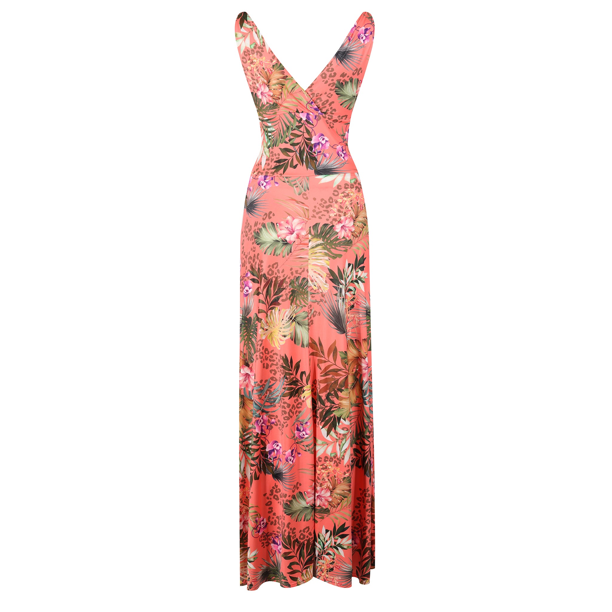 Coral Floral Print Slinky Summer Maxi Dress