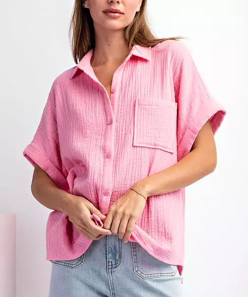 Cotton Gauze Button Down Top - Bubble Pink