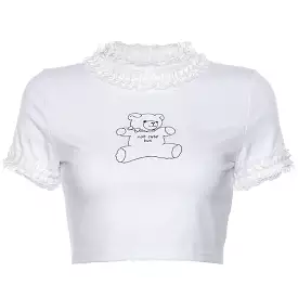 CUTE BEAR LACE WHITE CROP TOP SHRIT BY22310