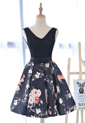 Cute V-Neck Floral Prom Dresses, A-Line Homecoming Dresses