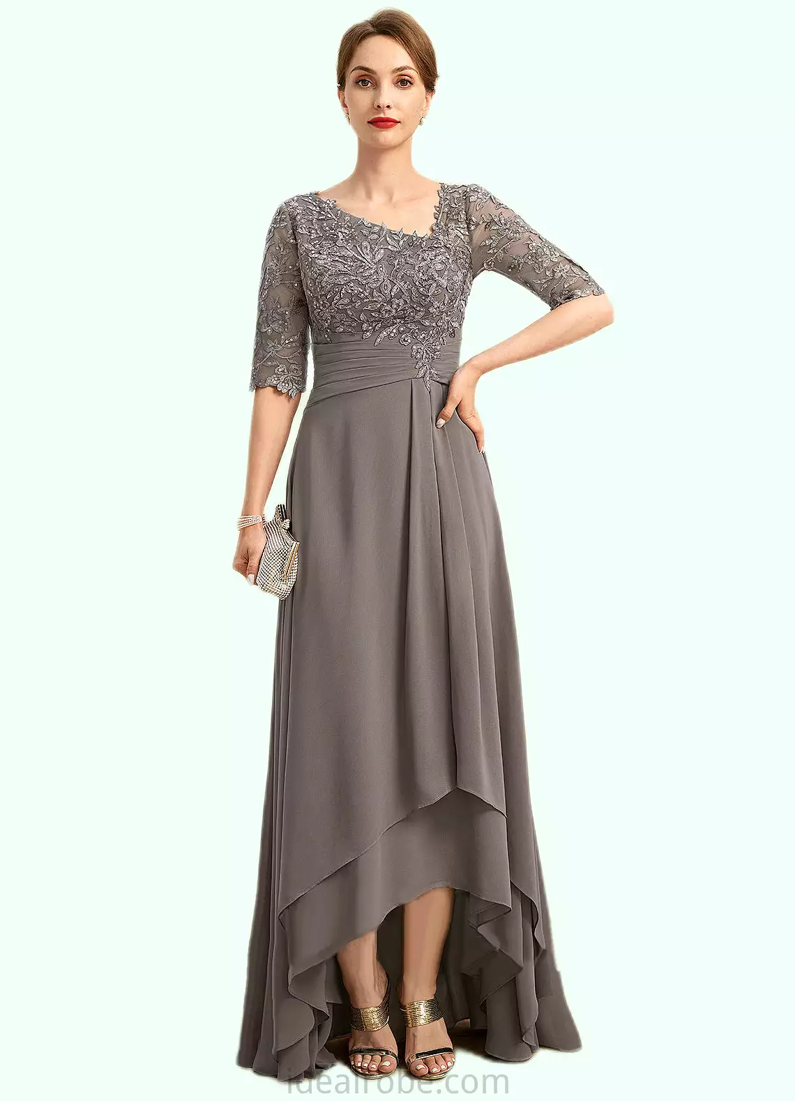 Danielle A-line Asymmetrical Asymmetrical Chiffon Lace Mother of the Bride Dress With Pleated Sequins STKP0021688