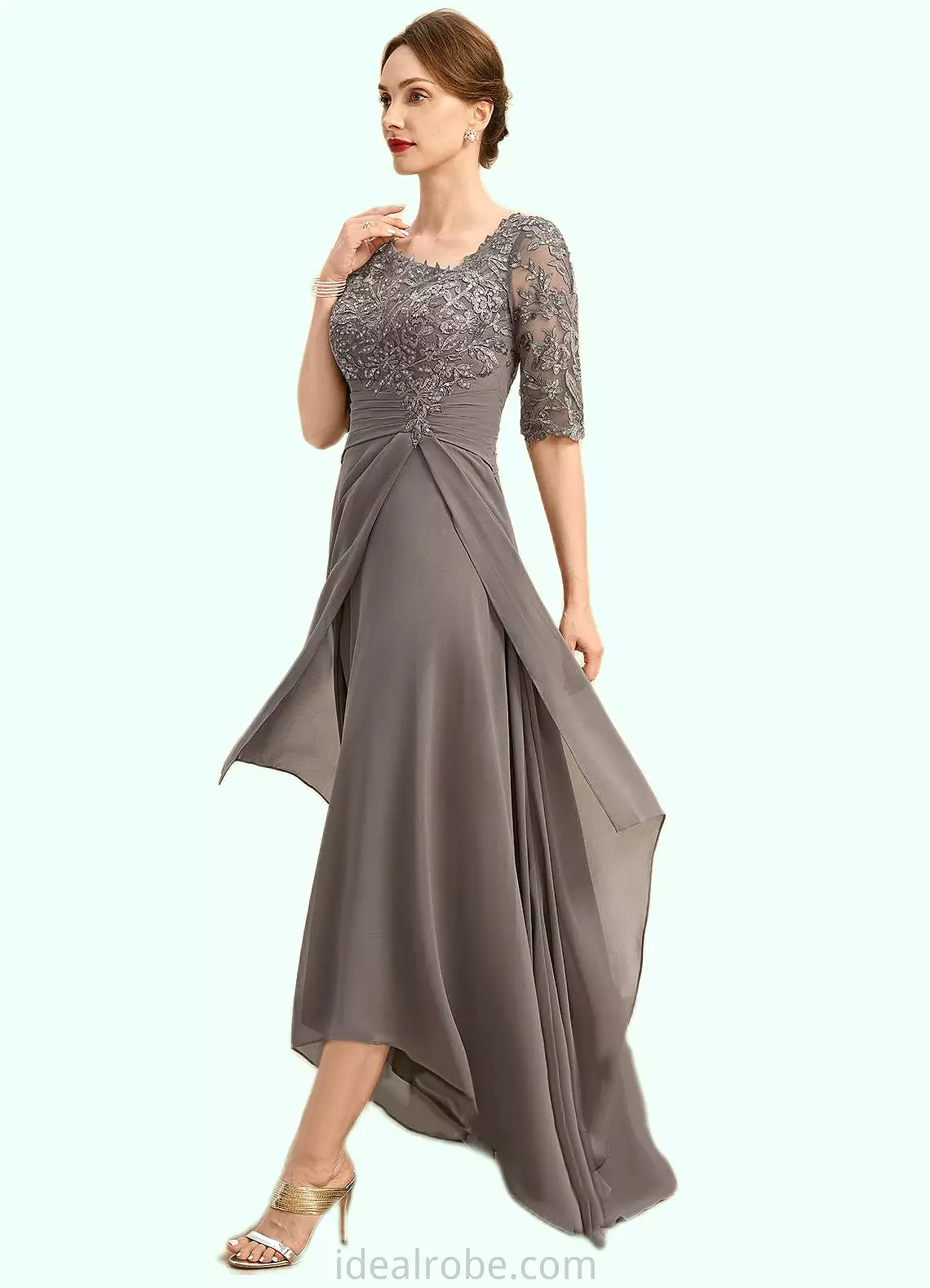 Danielle A-line Asymmetrical Asymmetrical Chiffon Lace Mother of the Bride Dress With Pleated Sequins STKP0021688