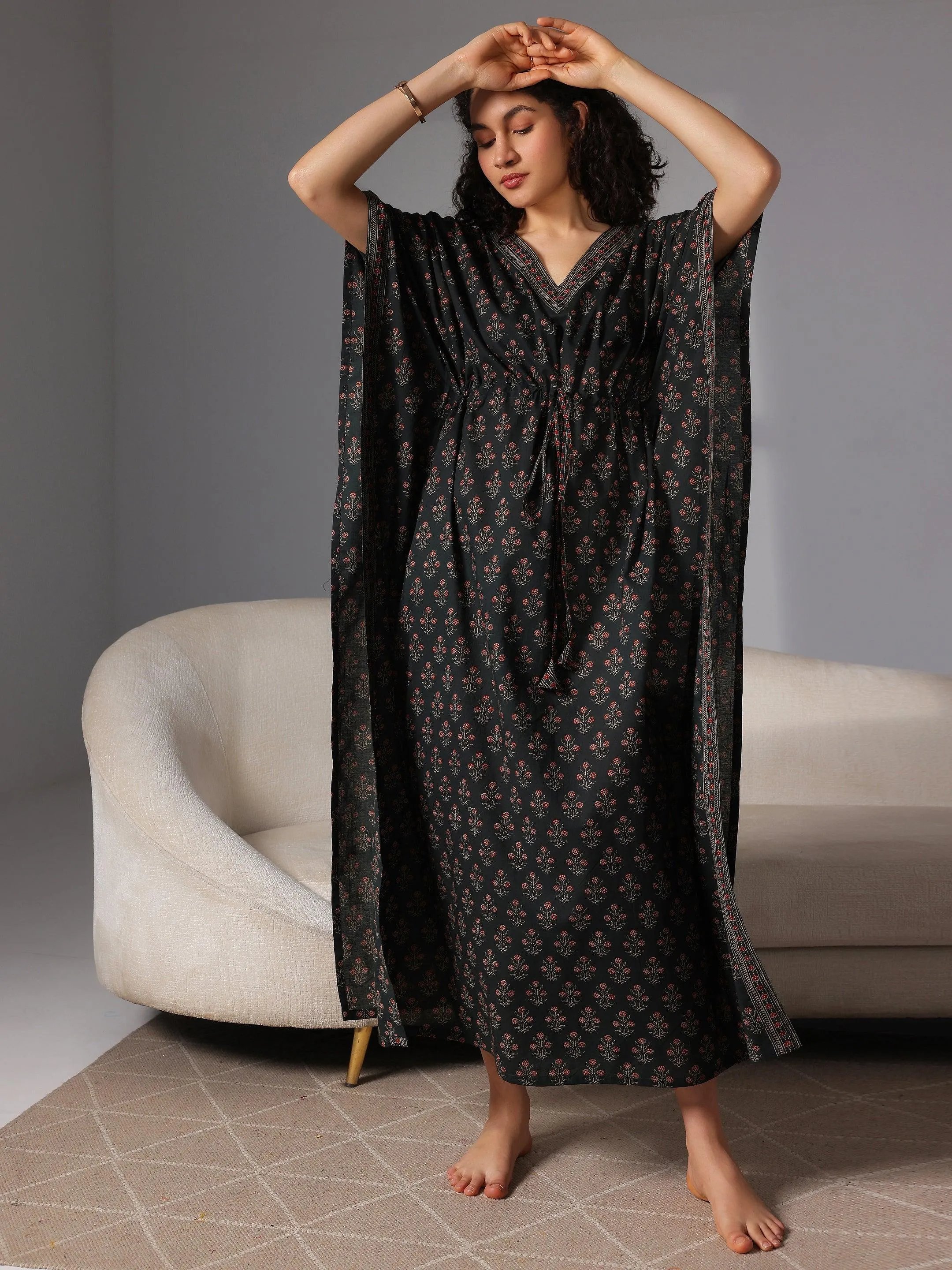 Dark Green Printed Cotton Kaftan Night Dress