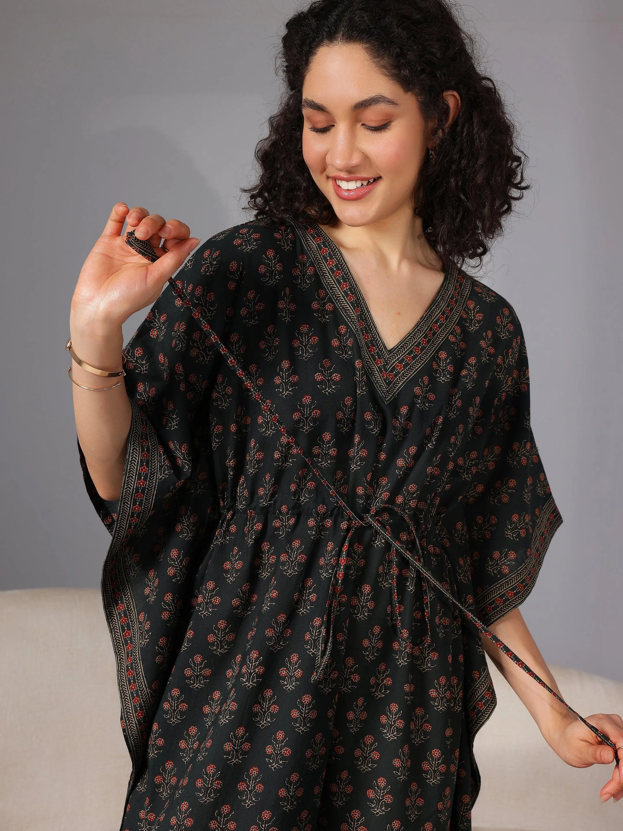 Dark Green Printed Cotton Kaftan Night Dress