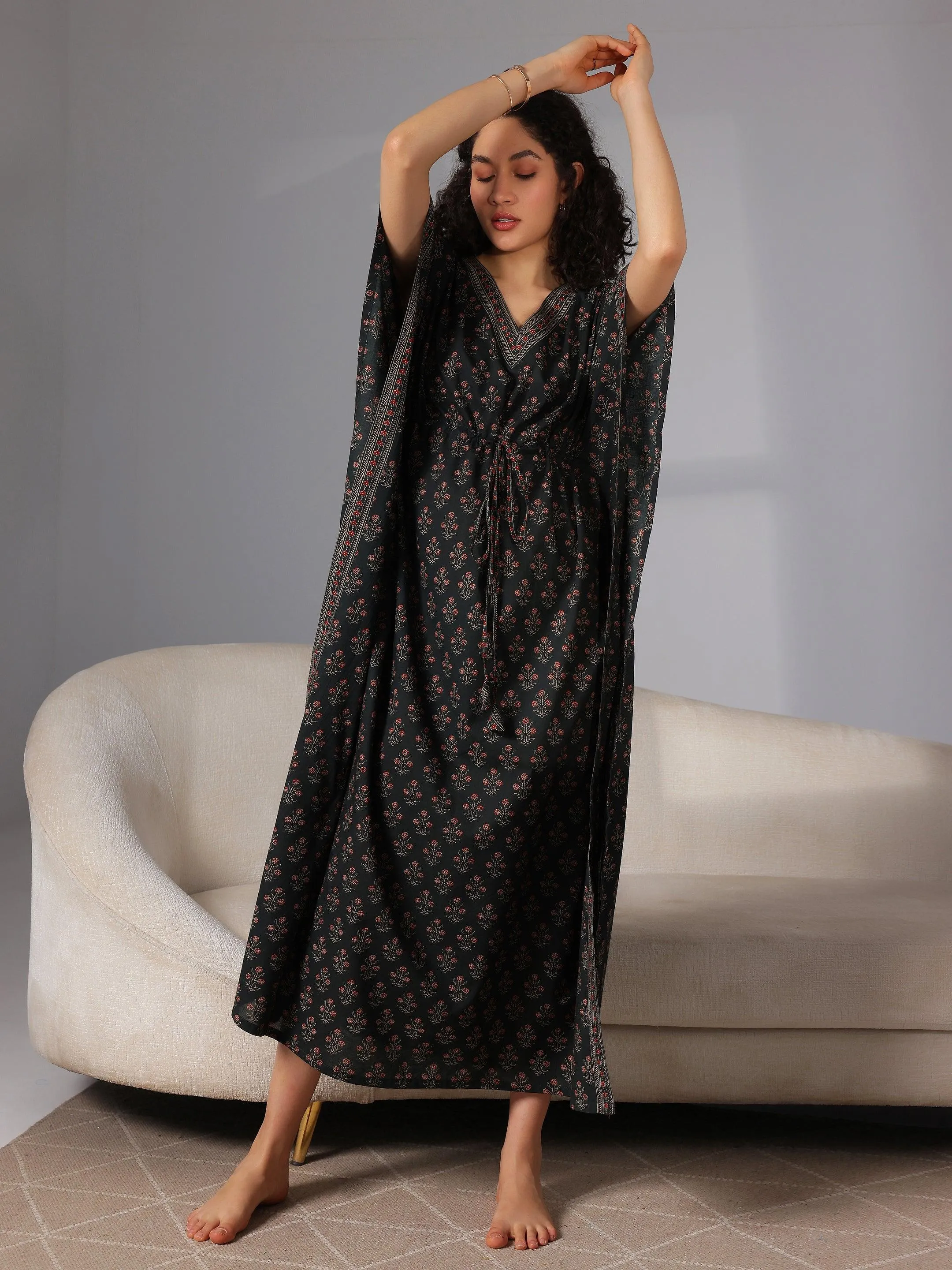 Dark Green Printed Cotton Kaftan Night Dress