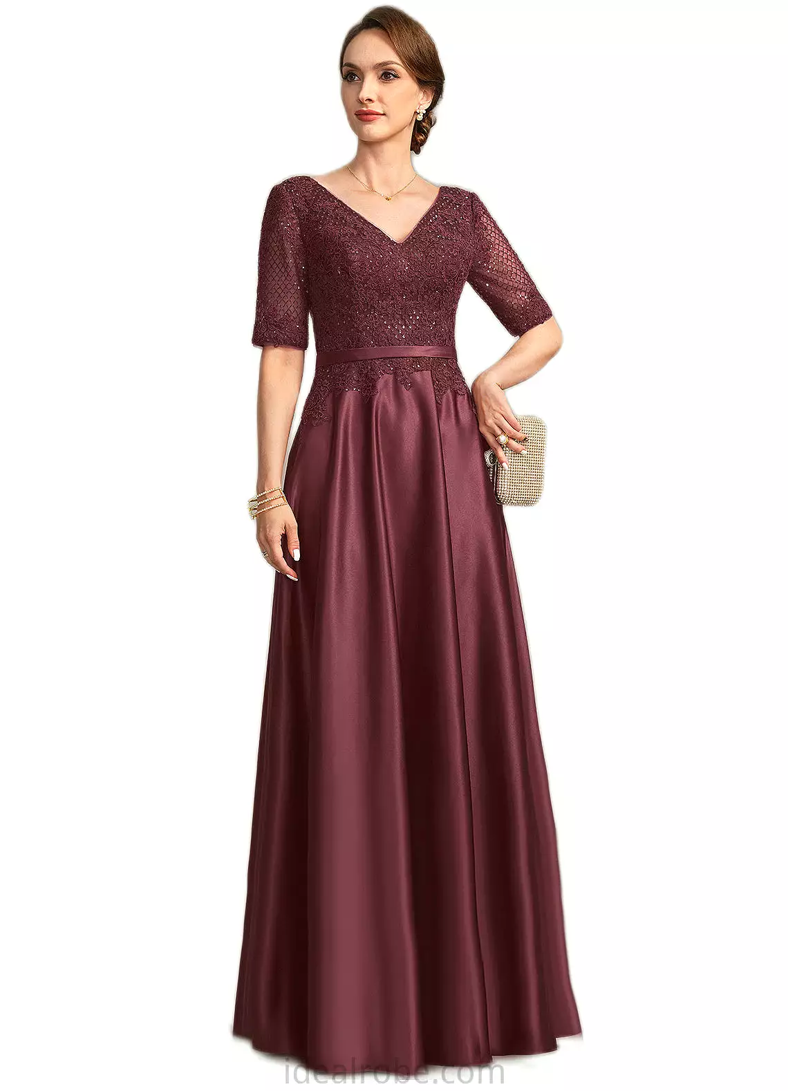 Deborah A-line V-Neck Floor-Length Lace Satin Mother of the Bride Dress With Sequins STKP0021803