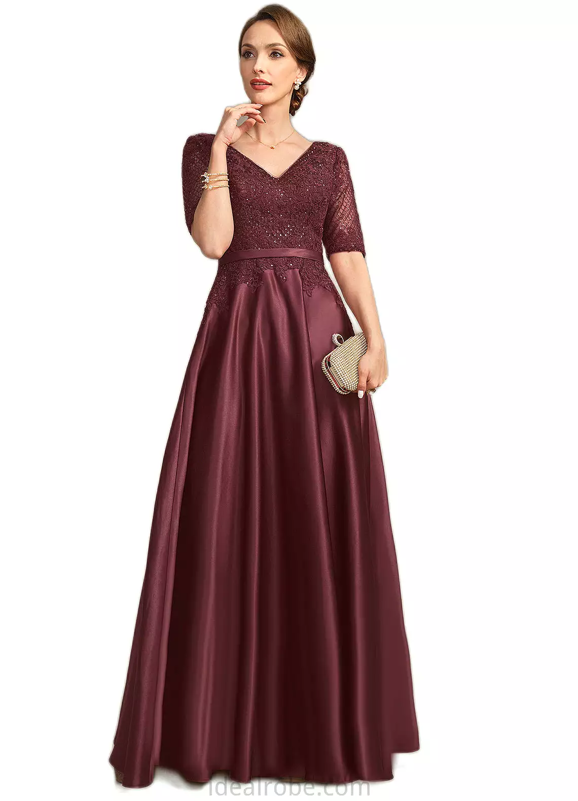 Deborah A-line V-Neck Floor-Length Lace Satin Mother of the Bride Dress With Sequins STKP0021803