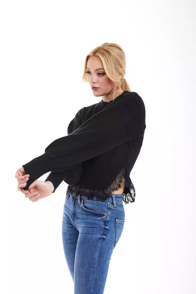 Double Second Black Knit Jumper With Lace Trim