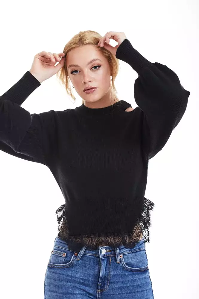 Double Second Black Knit Jumper With Lace Trim