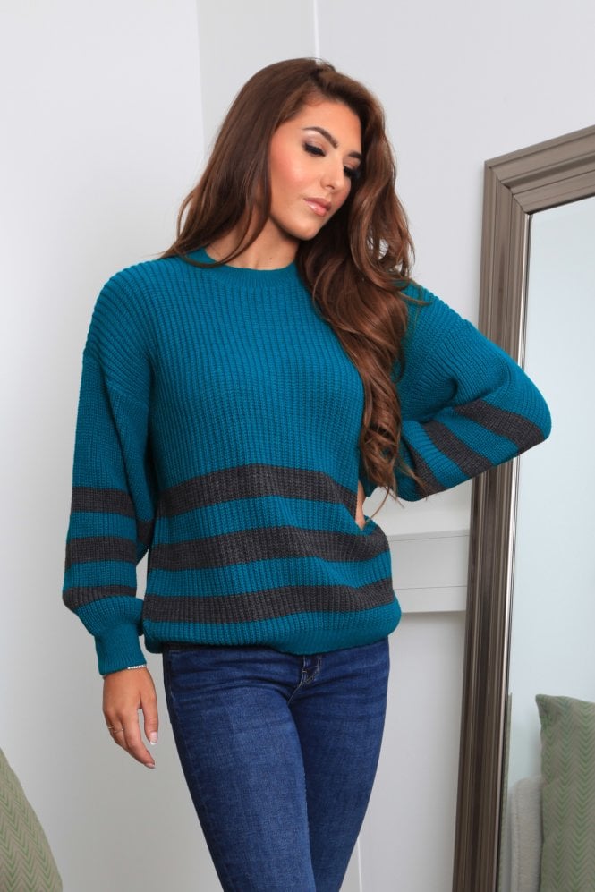 Double Second Teal And Grey Striped Oversized Knit Jumper