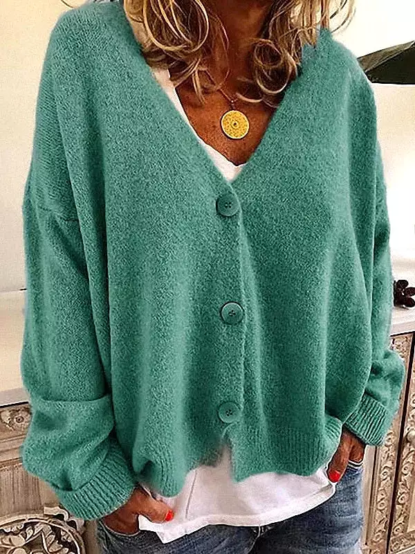 Elegant Ribbed Knit Button Cardigan in Green and Blue - Women's Sizes S, M, L