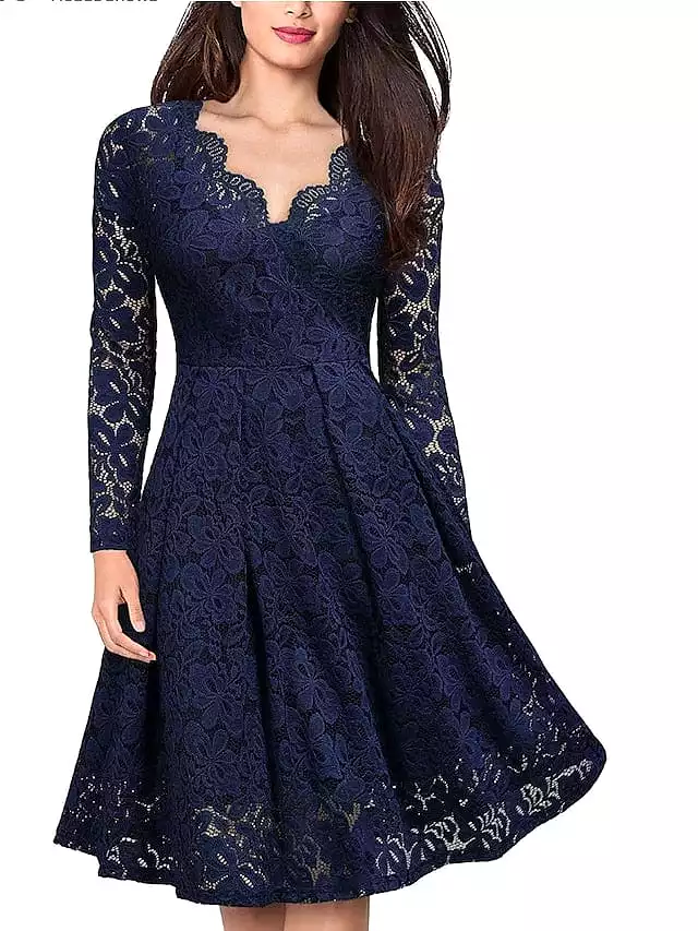 Elegant V-Neck Lace Party Dress with Long Sleeves