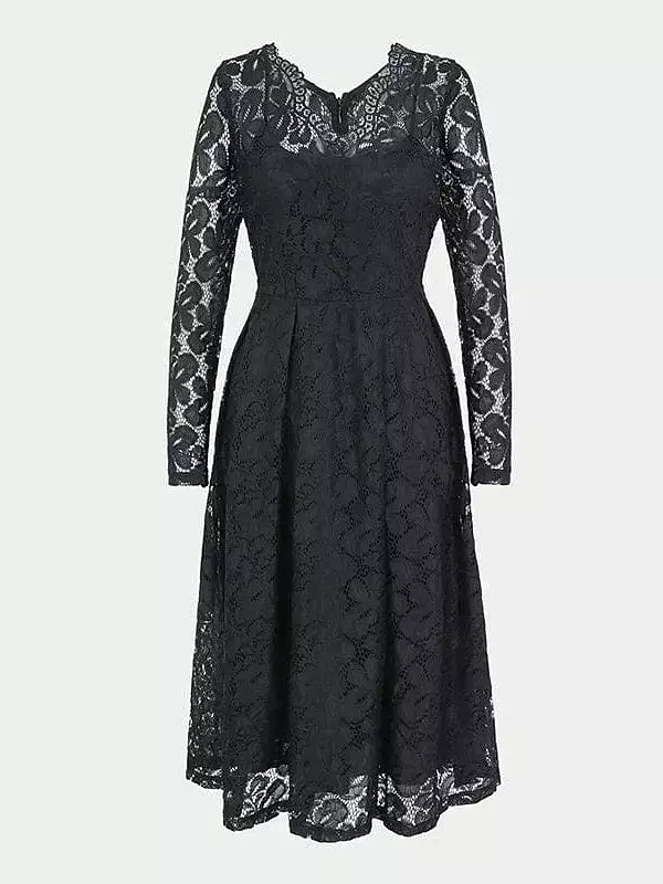 Elegant V-Neck Lace Party Dress with Long Sleeves