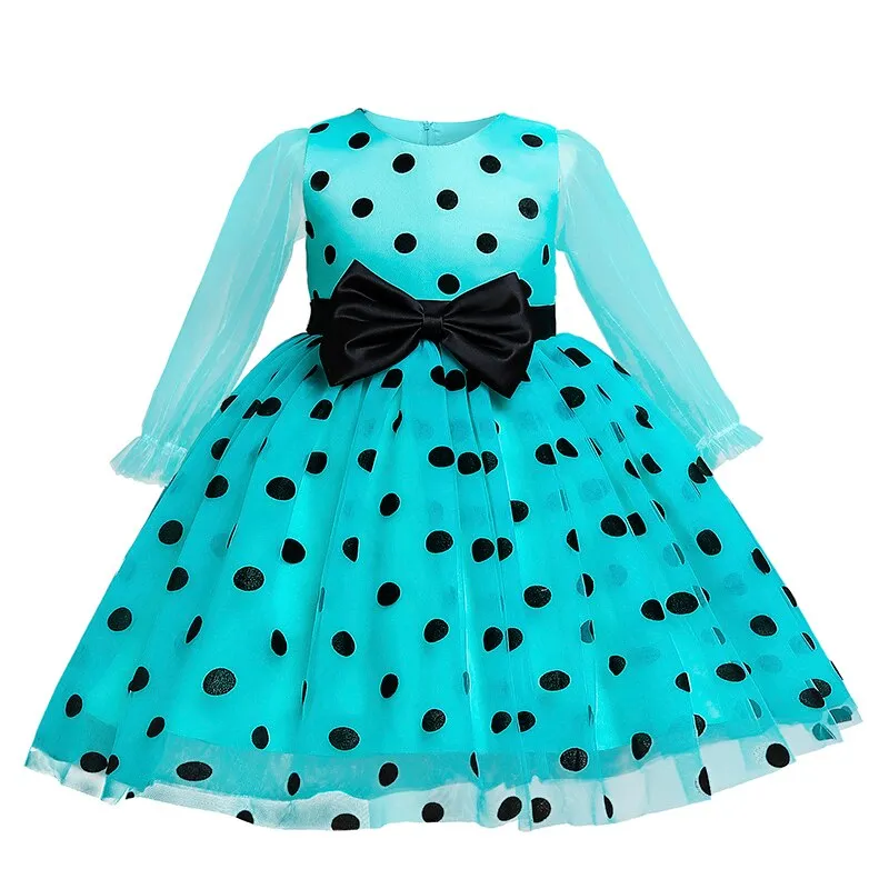 Elegant Wedding Dresses For Girls Princess Polka Dot Long Sleeve Dress Kids Evening Party Tutu Tulle Prom Gown Children Clothing