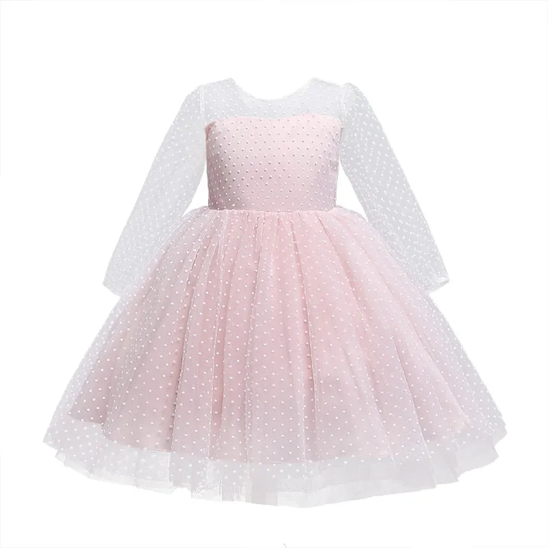 Elegant Wedding Dresses For Girls Princess Polka Dot Long Sleeve Dress Kids Evening Party Tutu Tulle Prom Gown Children Clothing