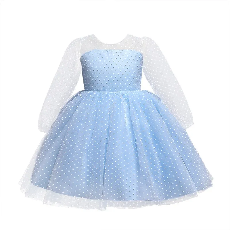 Elegant Wedding Dresses For Girls Princess Polka Dot Long Sleeve Dress Kids Evening Party Tutu Tulle Prom Gown Children Clothing