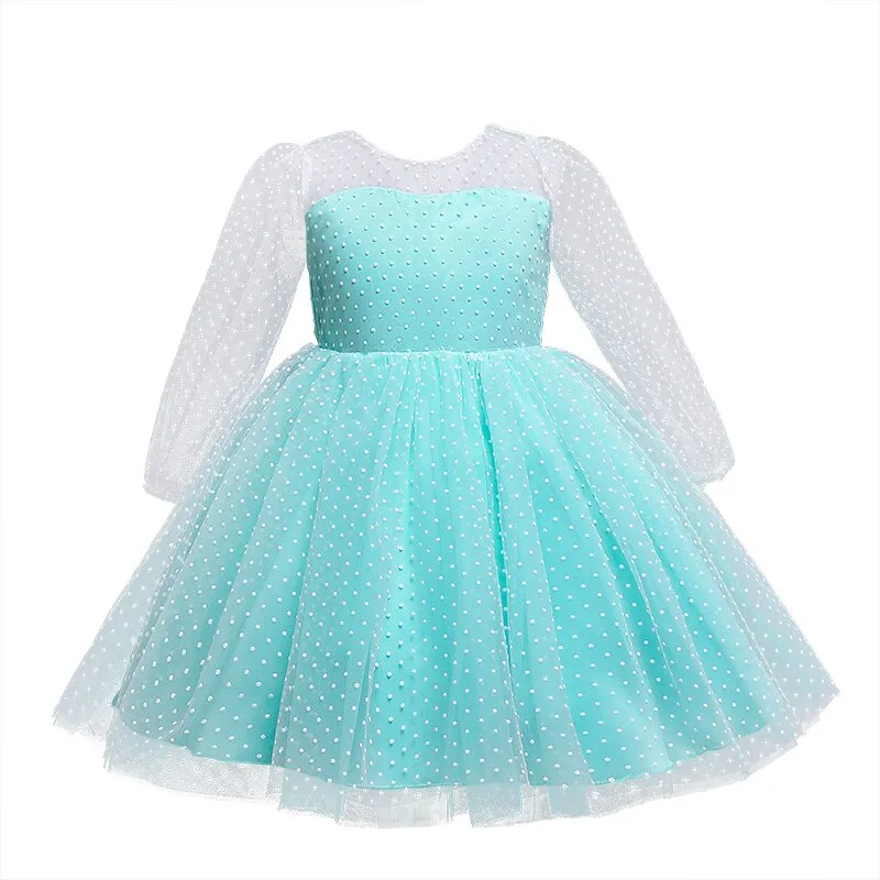 Elegant Wedding Dresses For Girls Princess Polka Dot Long Sleeve Dress Kids Evening Party Tutu Tulle Prom Gown Children Clothing