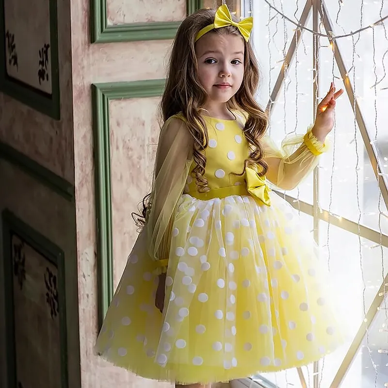 Elegant Wedding Dresses For Girls Princess Polka Dot Long Sleeve Dress Kids Evening Party Tutu Tulle Prom Gown Children Clothing