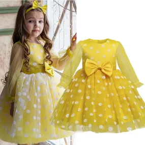 Elegant Wedding Dresses For Girls Princess Polka Dot Long Sleeve Dress Kids Evening Party Tutu Tulle Prom Gown Children Clothing