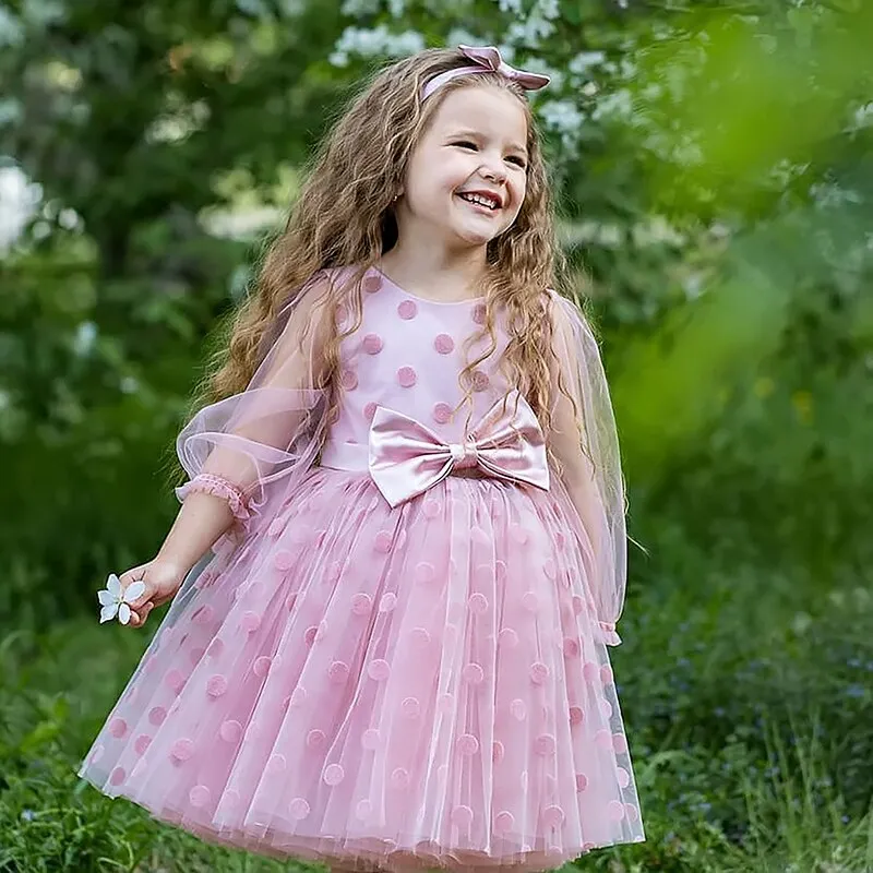 Elegant Wedding Dresses For Girls Princess Polka Dot Long Sleeve Dress Kids Evening Party Tutu Tulle Prom Gown Children Clothing