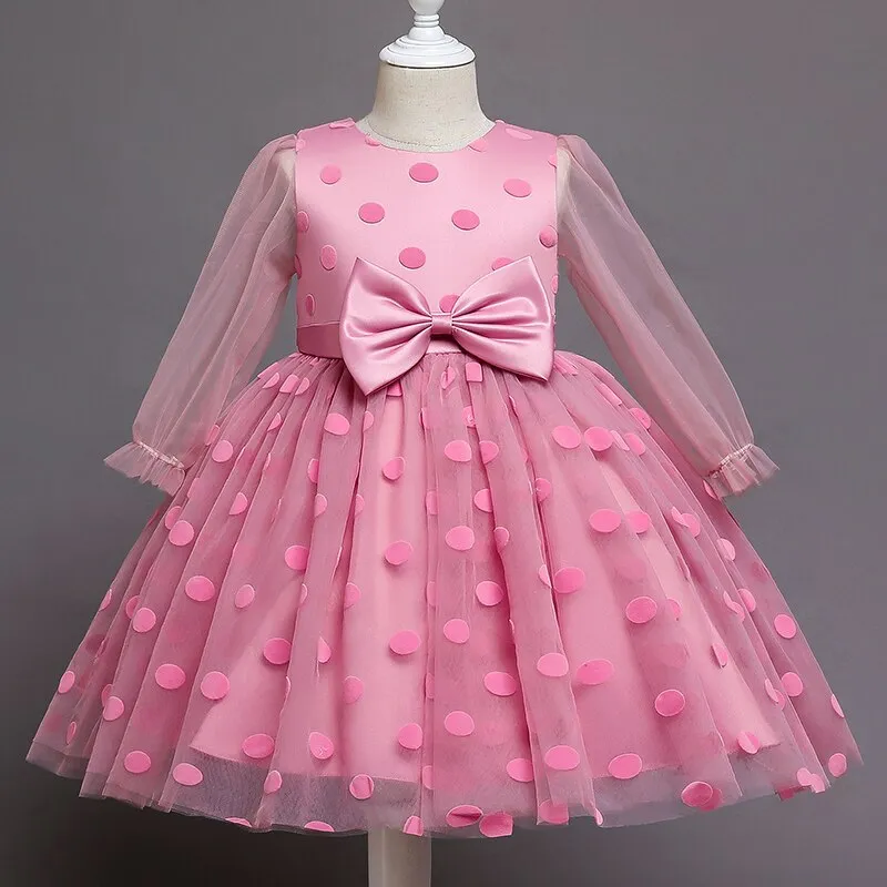 Elegant Wedding Dresses For Girls Princess Polka Dot Long Sleeve Dress Kids Evening Party Tutu Tulle Prom Gown Children Clothing