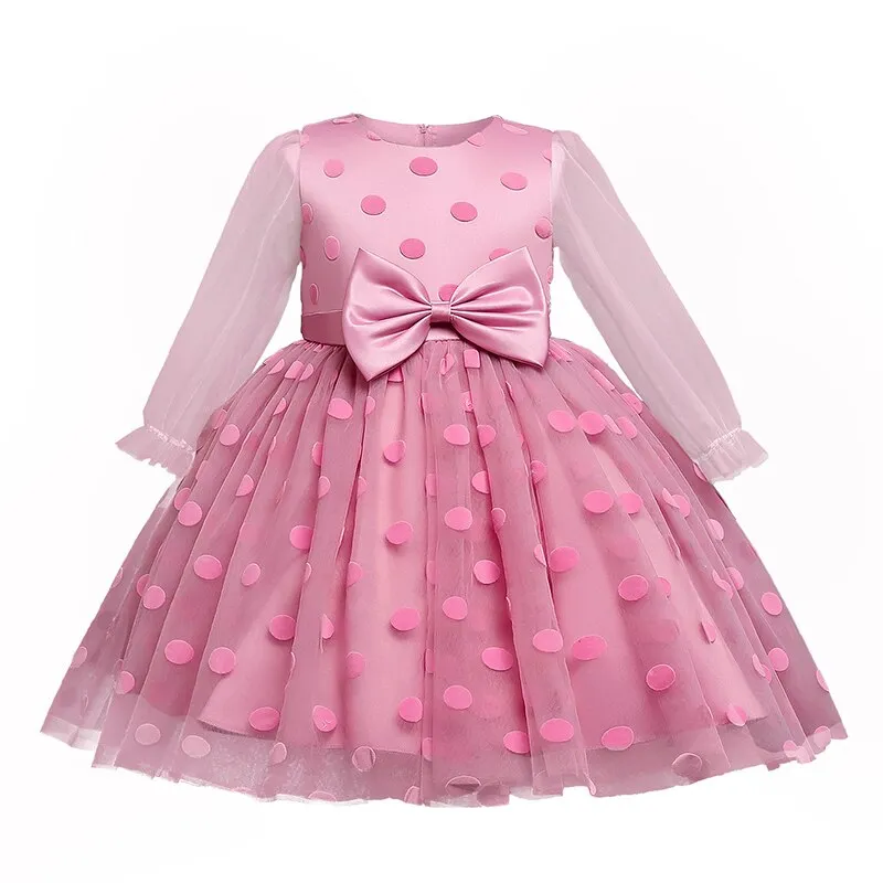 Elegant Wedding Dresses For Girls Princess Polka Dot Long Sleeve Dress Kids Evening Party Tutu Tulle Prom Gown Children Clothing