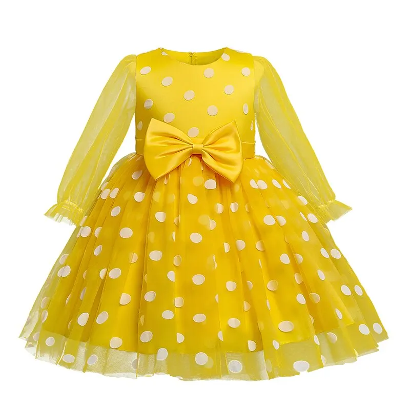 Elegant Wedding Dresses For Girls Princess Polka Dot Long Sleeve Dress Kids Evening Party Tutu Tulle Prom Gown Children Clothing