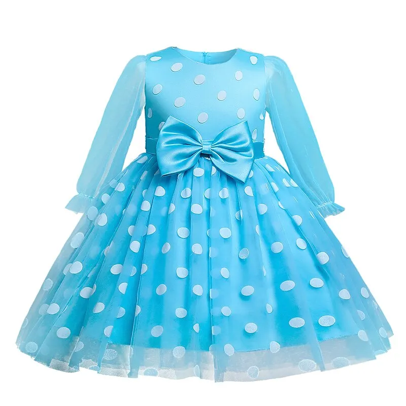 Elegant Wedding Dresses For Girls Princess Polka Dot Long Sleeve Dress Kids Evening Party Tutu Tulle Prom Gown Children Clothing