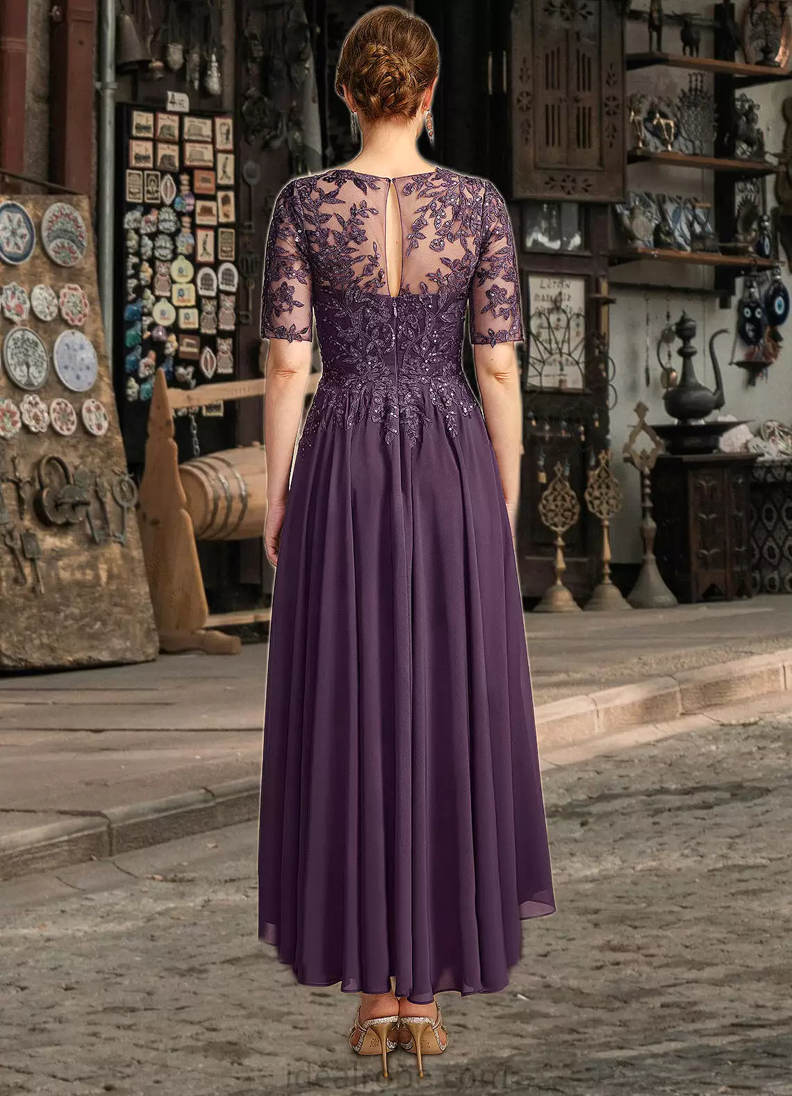 Elsa A-line Scoop Illusion Asymmetrical Chiffon Lace Mother of the Bride Dress With Sequins STKP0021630